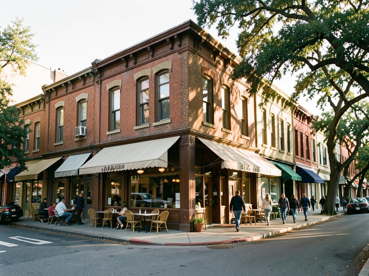 Early twentieth-century brick storefronts with awnings and sidewalk cafe seating in an intown Atlanta village